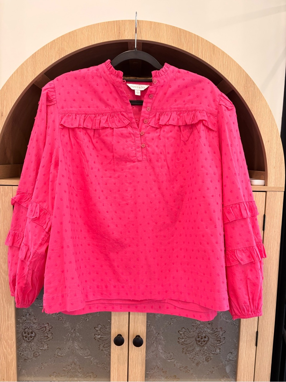crown & ivy Hot Pink Ruffle Button Front Blouse